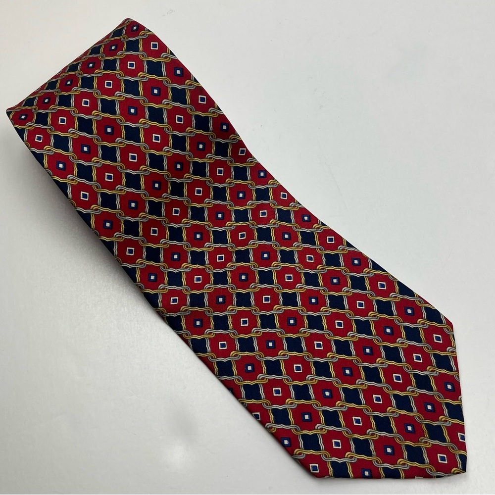 Oleg Cassini Mens Red Blue Geometric Patterned 100% Silk Neck Tie‎ Office